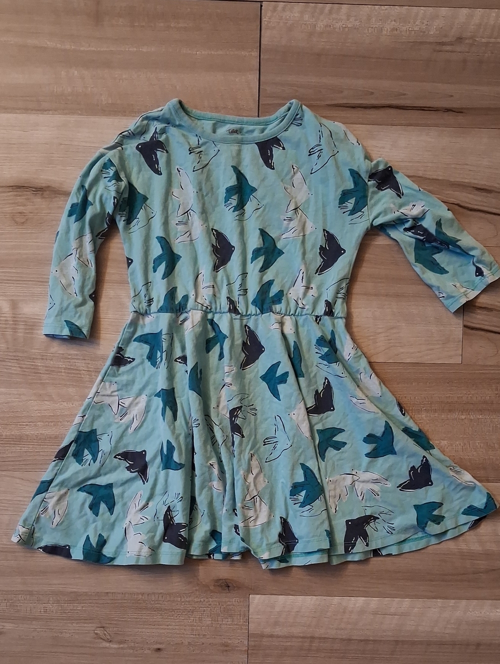 Girls' Tea Bird-Print Long-Sleeve Dress Size 7 FLAW (L)